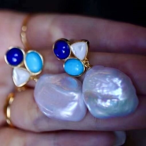 Unique Pearl Drop Earrings With Malachite Lapis Lazuli|Real Pearl Studs Earrings|Dainty Pearl Earrings|Natural Hand Carved Gemstone Earrings - Image 8