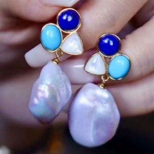 Unique Pearl Drop Earrings With Malachite Lapis Lazuli|Real Pearl Studs Earrings|Dainty Pearl Earrings|Natural Hand Carved Gemstone Earrings - Image 2