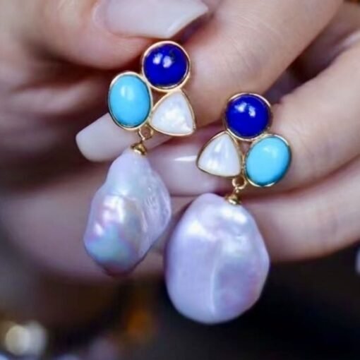 Unique Pearl Drop Earrings With Malachite Lapis Lazuli|Real Pearl Studs Earrings|Dainty Pearl Earrings|Natural Hand Carved Gemstone Earrings - Image 3