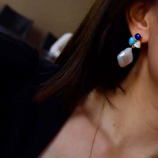 Unique Pearl Drop Earrings With Malachite Lapis Lazuli|Real Pearl Studs Earrings|Dainty Pearl Earrings|Natural Hand Carved Gemstone Earrings - Image 4