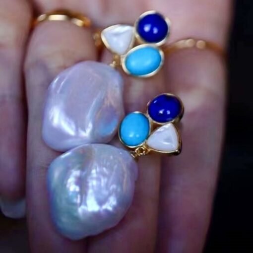 Unique Pearl Drop Earrings With Malachite Lapis Lazuli|Real Pearl Studs Earrings|Dainty Pearl Earrings|Natural Hand Carved Gemstone Earrings - Image 6