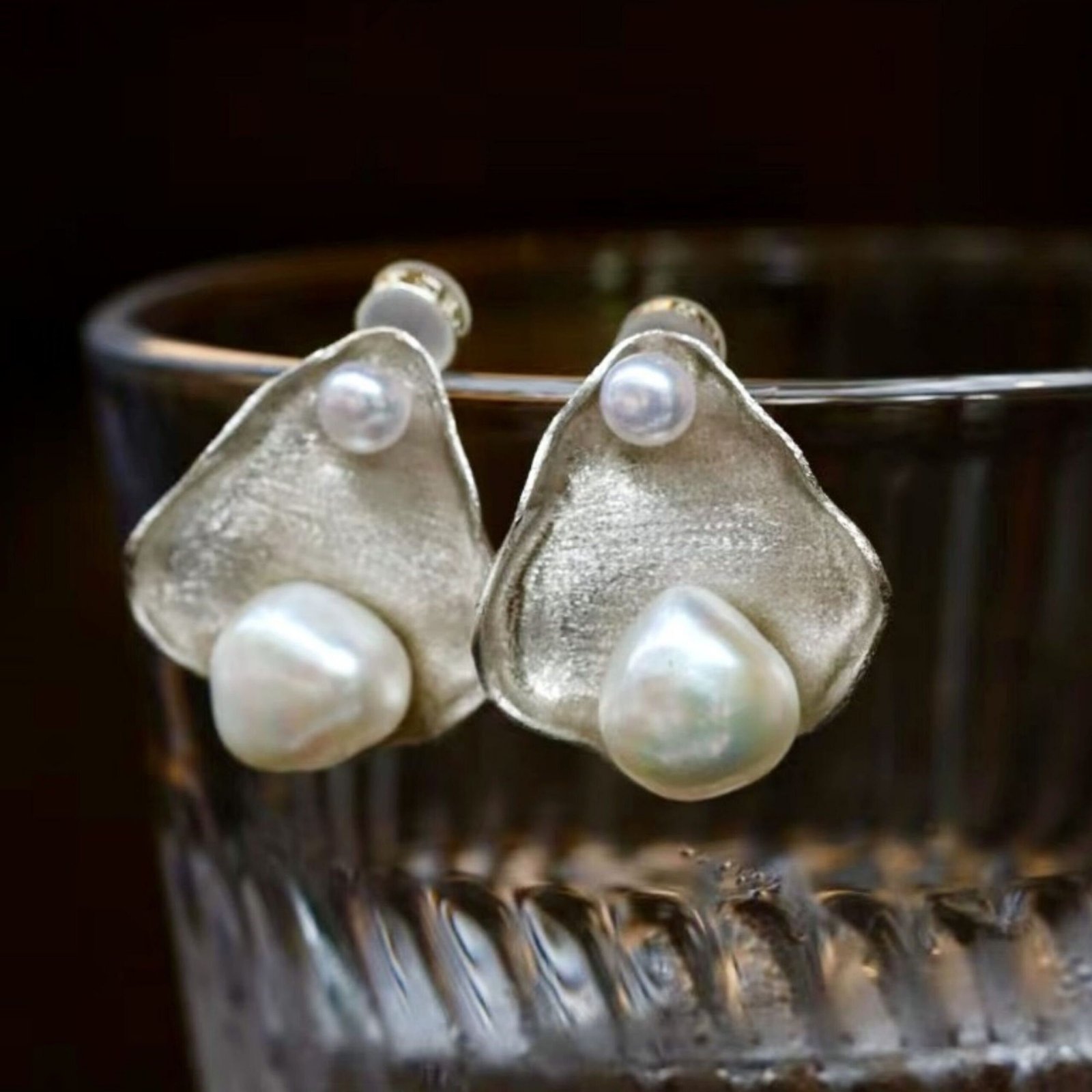 Unique Pearl Studs Earrings s925 Silver|Natural Pearl Earrings|Art deco Pearl Stud Women|Triangle Pearl Earrings|Handmade Pearl Stud Earring - Image 7