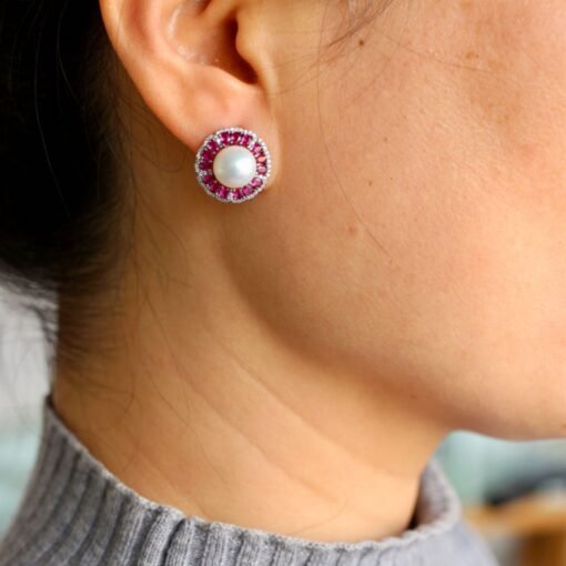 Natural Fresh Water Pearl Earrings in 925 silver with lab ruby halo-Silver pearl studs-Hemisphere silver pearl/Affordable silver earrings - Image 4