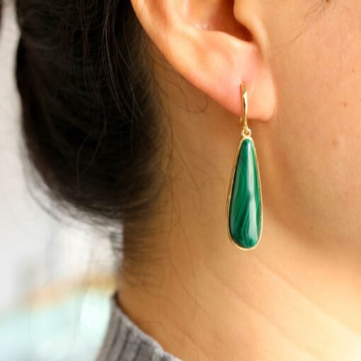 Natural Long Malachite Drop Earrings 925 Silver|Pear Malachite Earrings|Vintage Dangle Earrings|Minimalist Art Deco Malachite Earrings - Image 8