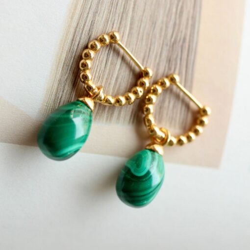 Natural Malachite Pearl Drop Earrings in 925 Silver/Dainty Malachite Hoop Earrings|Malachite Dangle Earrings|Green Earrings/Unique Earrings - Image 2
