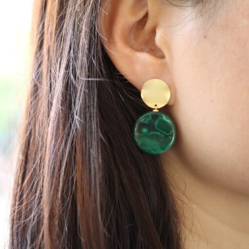 Genuine Round Malachite Studs Earrings sterling silver|High end Malachite drop gold|Statement Green Studs Earrings|Antique Gemstone Earring - Image 4