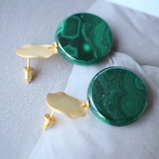 Genuine Round Malachite Studs Earrings sterling silver|High end Malachite drop gold|Statement Green Studs Earrings|Antique Gemstone Earring - Image 2