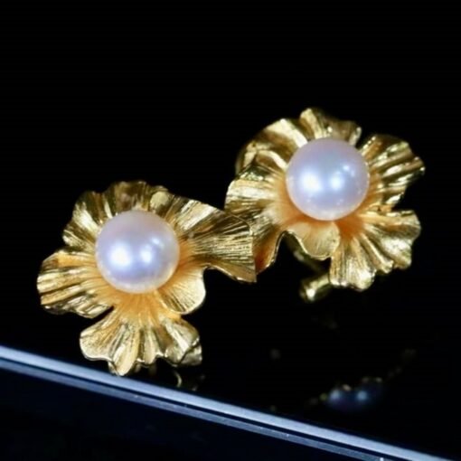 Natural Seawater Akoya Pearl Studs Earrings s925 Silver|Real Pearl Jewelry|Floral Pearl Earrings|Petal White Pearl Earrings for her|6mm - Image 2