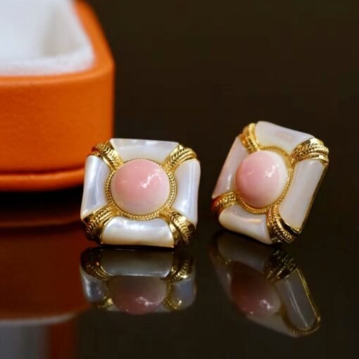 Natural Pink Queen Conch Shell stud earring gold plated silver|Statement Pink Gemstone Jewelry|Unique Earring For Her|Vintage stud Earring - Image 3