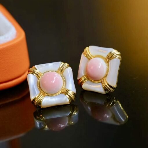 Natural Pink Queen Conch Shell stud earring gold plated silver|Statement Pink Gemstone Jewelry|Unique Earring For Her|Vintage stud Earring - Image 5