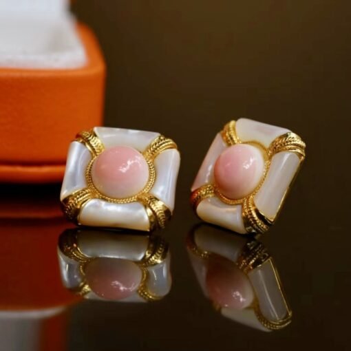 Natural Pink Queen Conch Shell stud earring gold plated silver|Statement Pink Gemstone Jewelry|Unique Earring For Her|Vintage stud Earring - Image 6