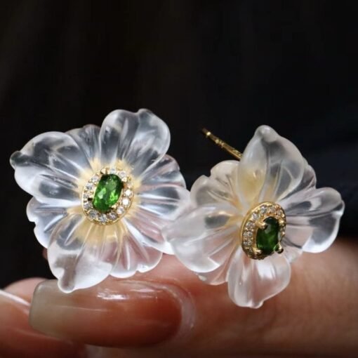 Natural White Quartz Petal Stud Earrings/Unique Floral Earrings Silver/Hand Carved Flower Rock Quartz Earrings|Statement Green Earring Women - Image 3