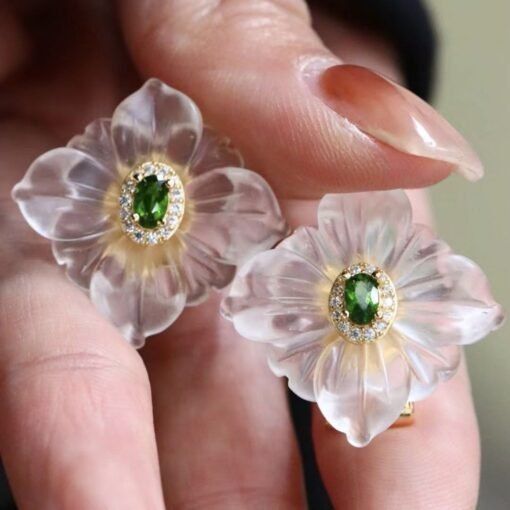 Natural White Quartz Petal Stud Earrings/Unique Floral Earrings Silver/Hand Carved Flower Rock Quartz Earrings|Statement Green Earring Women - Image 5