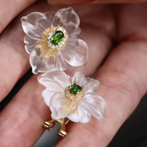 Natural White Quartz Petal Stud Earrings/Unique Floral Earrings Silver/Hand Carved Flower Rock Quartz Earrings|Statement Green Earring Women - Image 8