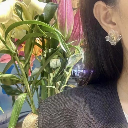 Natural White Quartz Petal Stud Earrings/Unique Floral Earrings Silver/Hand Carved Flower Rock Quartz Earrings|Statement Green Earring Women - Image 4