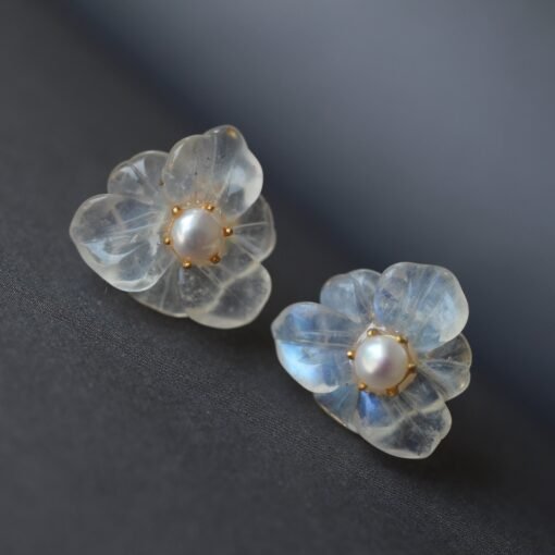 Natural Moonstone with Pearl Stud Earrings/Unique Moonstone Earrings/Tiny Petal Flower Earrings|Handmade pearl stud Earrings|Real Pearl stud