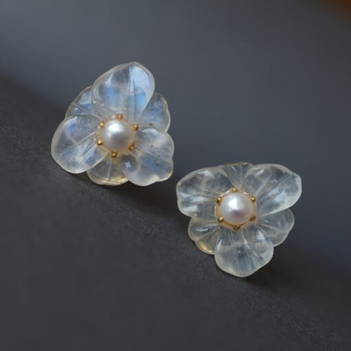 Natural Moonstone with Pearl Stud Earrings/Unique Moonstone Earrings/Tiny Petal Flower Earrings|Handmade pearl stud Earrings|Real Pearl stud - Image 2