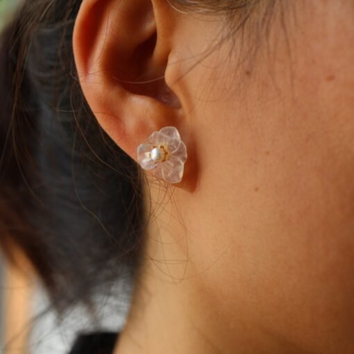 Natural Moonstone with Pearl Stud Earrings/Unique Moonstone Earrings/Tiny Petal Flower Earrings|Handmade pearl stud Earrings|Real Pearl stud - Image 4