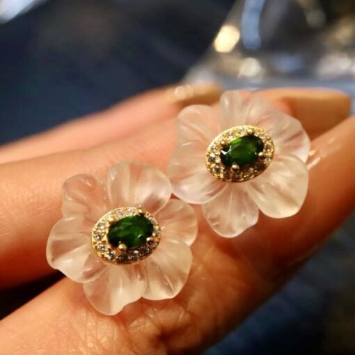 Natural White Quartz Petal Stud Earrings/Unique Floral Gemstone Earrings/Hand Carved Flower Rock Quartz Earrings|Statement big Earring Women - Image 6