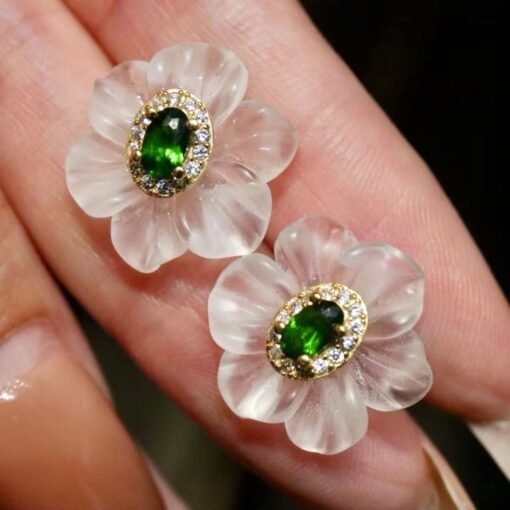 Natural White Quartz Petal Stud Earrings/Unique Floral Gemstone Earrings/Hand Carved Flower Rock Quartz Earrings|Statement big Earring Women - Image 7