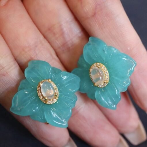 Natural Amazonite with Moonstone Stud Earrings Silver/Unique Amazonite Earrings Women/Petal Flower Earring|Hand Carved big Gemstone Earrings - Image 5