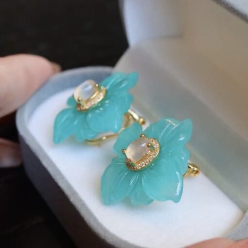 Natural Amazonite with Moonstone Stud Earrings Silver/Unique Amazonite Earrings Women/Petal Flower Earring|Hand Carved big Gemstone Earrings - Image 2