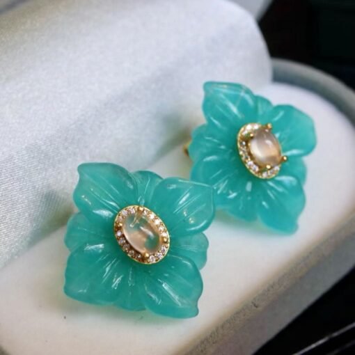 Natural Amazonite with Moonstone Stud Earrings Silver/Unique Amazonite Earrings Women/Petal Flower Earring|Hand Carved big Gemstone Earrings - Image 3