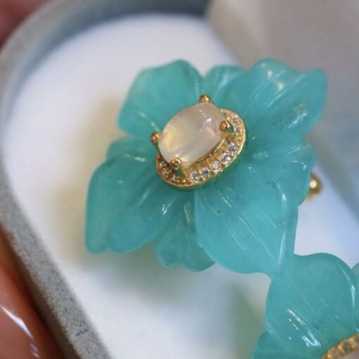 Natural Amazonite with Moonstone Stud Earrings Silver/Unique Amazonite Earrings Women/Petal Flower Earring|Hand Carved big Gemstone Earrings - Image 7