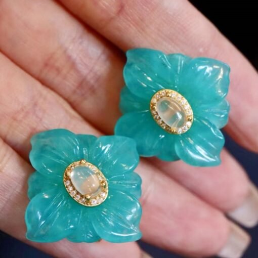 Natural Amazonite with Moonstone Stud Earrings Silver/Unique Amazonite Earrings Women/Petal Flower Earring|Hand Carved big Gemstone Earrings - Image 8