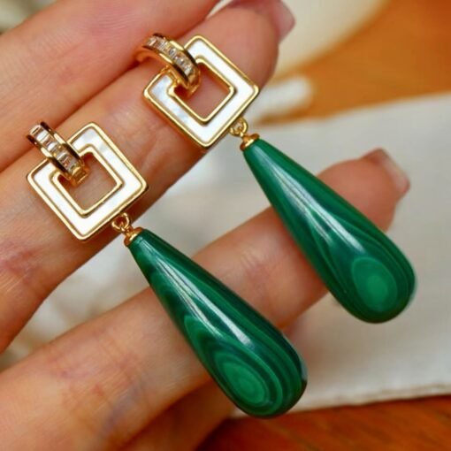 Natural Long Pear Malachite Drop Earrings 925 silver|Statement Malachite earring women|Real Fine Gemstone Earrings|Handmade Vintage Earrings - Image 3