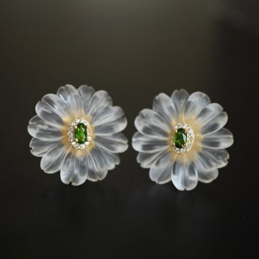 Natural White Quartz Petal Stud Earrings/Unique Floral Gemstone Earrings/Hand Carved Flower Rock Quartz Earrings|Statement big Earring Women - Image 2