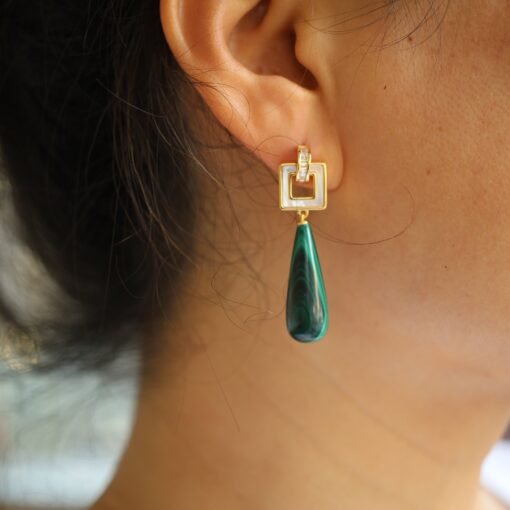 Natural Long Pear Malachite Drop Earrings 925 silver|Statement Malachite earring women|Real Fine Gemstone Earrings|Handmade Vintage Earrings - Image 6
