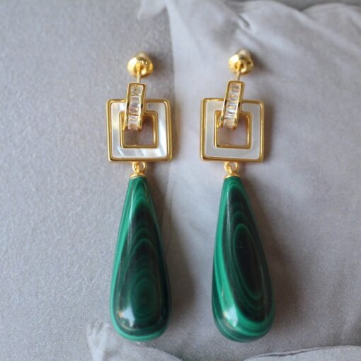 Natural Long Pear Malachite Drop Earrings 925 silver|Statement Malachite earring women|Real Fine Gemstone Earrings|Handmade Vintage Earrings - Image 5