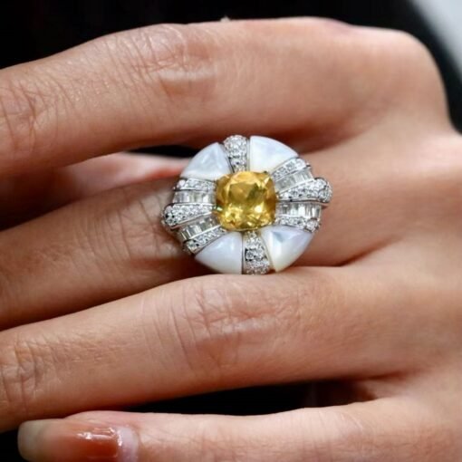 Natural Citrine Ring with mother of pearl|Statement Citrine Jewelry Women|Unique Citrine Ring silver|Vintage Art Deco Citrine Ring - Image 4