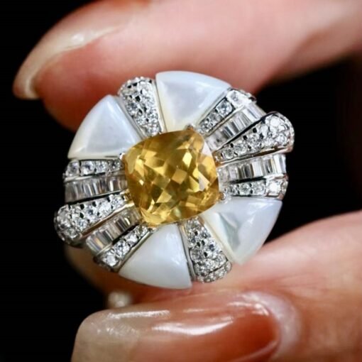 Natural Citrine Ring with mother of pearl|Statement Citrine Jewelry Women|Unique Citrine Ring silver|Vintage Art Deco Citrine Ring - Image 5