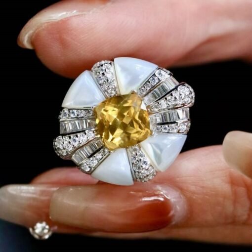 Natural Citrine Ring with mother of pearl|Statement Citrine Jewelry Women|Unique Citrine Ring silver|Vintage Art Deco Citrine Ring - Image 6