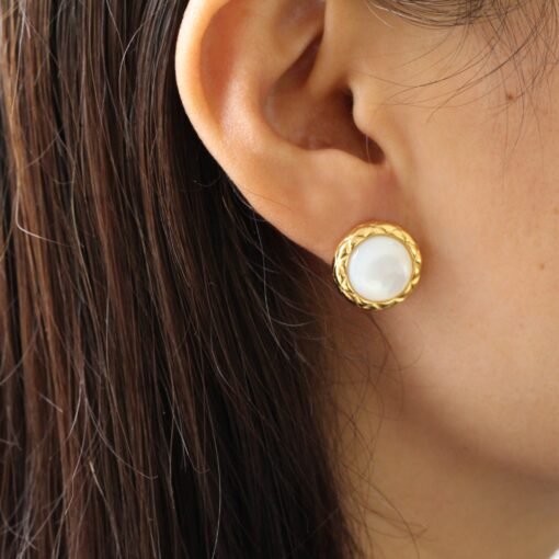 Unique Bezel Set Mother of pearl earringwedding jewelry stud silverArt deco white gemstone studHand Carved Earring for herBridal earring - Image 4