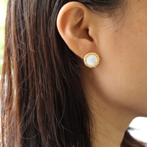 Unique Bezel Set Mother of pearl earringwedding jewelry stud silverArt deco white gemstone studHand Carved Earring for herBridal earring - Image 8
