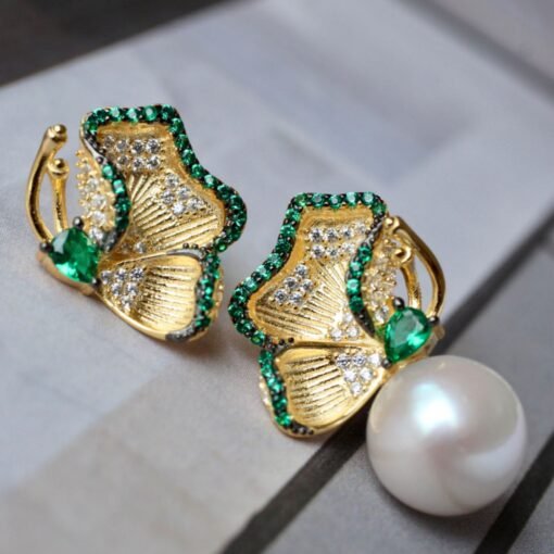 Natural Pearl Studs Earrings With Green Zircon|Pearl Jewelry|Dainty Pearl Studs Earrings With Silver|Real Pearl Earrings|Vivid Green Earring - Image 2