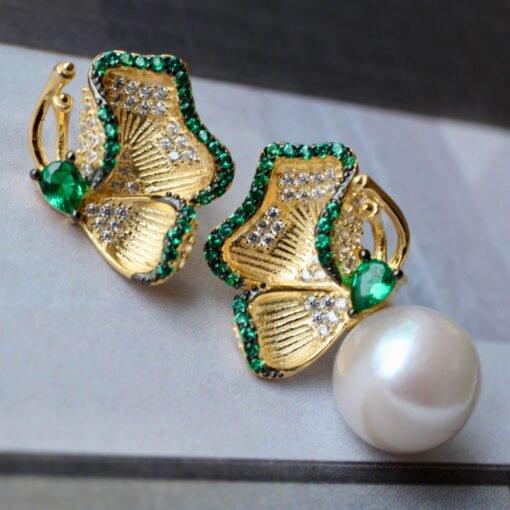Natural Pearl Studs Earrings With Green Zircon|Pearl Jewelry|Dainty Pearl Studs Earrings With Silver|Real Pearl Earrings|Vivid Green Earring - Image 3
