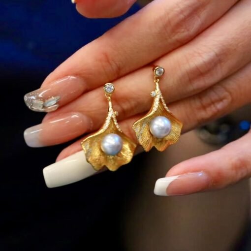 Natural Seawater Pearl Studs Earrings Gold Plated s925 Silver|Floral Pearl Stud|Petal Pearl Studs Earrings|6mm pearlUnique pearl stud women - Image 6