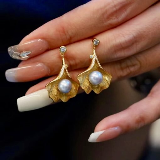 Natural Seawater Pearl Studs Earrings Gold Plated s925 Silver|Floral Pearl Stud|Petal Pearl Studs Earrings|6mm pearlUnique pearl stud women - Image 8