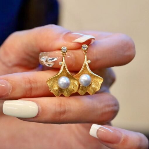 Natural Seawater Pearl Studs Earrings Gold Plated s925 Silver|Floral Pearl Stud|Petal Pearl Studs Earrings|6mm pearlUnique pearl stud women - Image 2