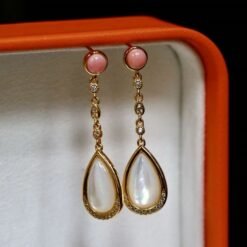 Natural Pink Queen Conch Shell Drop with Mother of Pearl|Statement Pink Gemstone Jewelry|Unique Drop Earring Women|Modern Art Deco Earrings