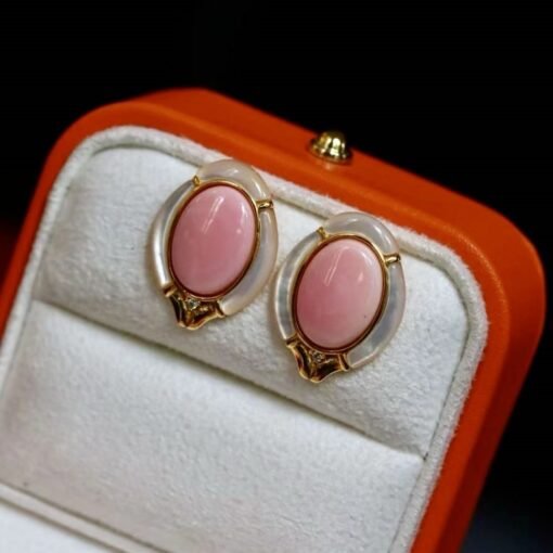 Genuine Pink Queen Conch Shell stud earring gold plated silver|Statement Pink Gemstone Jewelry|Unique Earring For Her|Bezel set stud Earring - Image 3