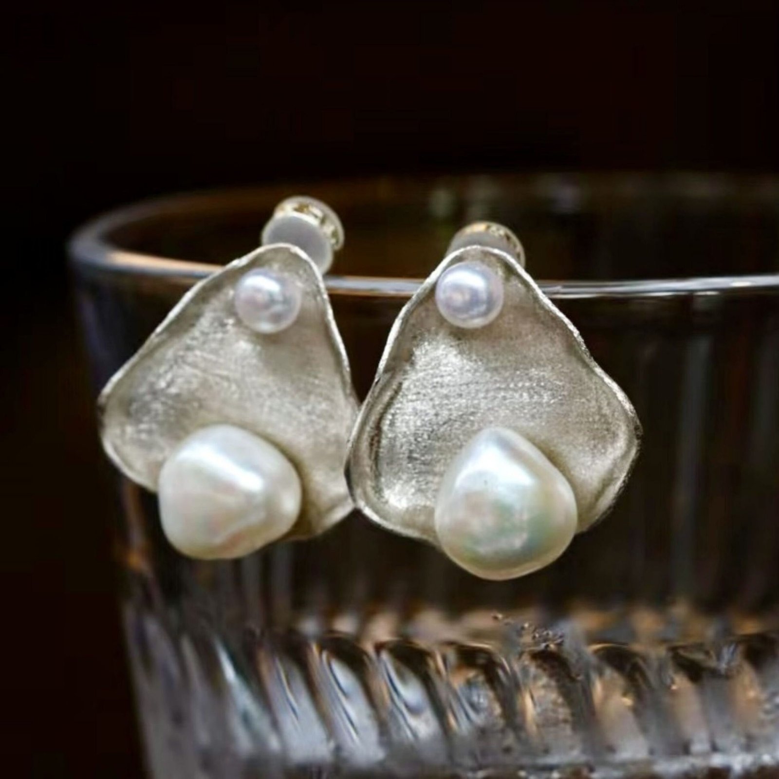 Unique Pearl Studs Earrings s925 Silver|Natural Pearl Earrings|Art deco Pearl Stud Women|Triangle Pearl Earrings|Handmade Pearl Stud Earring - Image 2