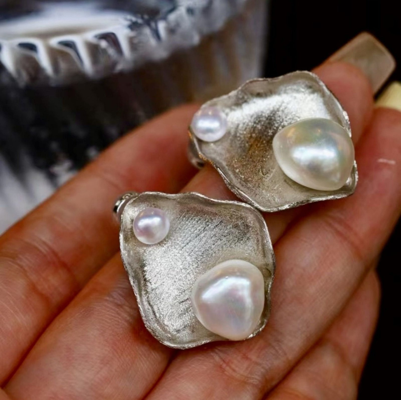 Unique Pearl Studs Earrings s925 Silver|Natural Pearl Earrings|Art deco Pearl Stud Women|Triangle Pearl Earrings|Handmade Pearl Stud Earring - Image 3