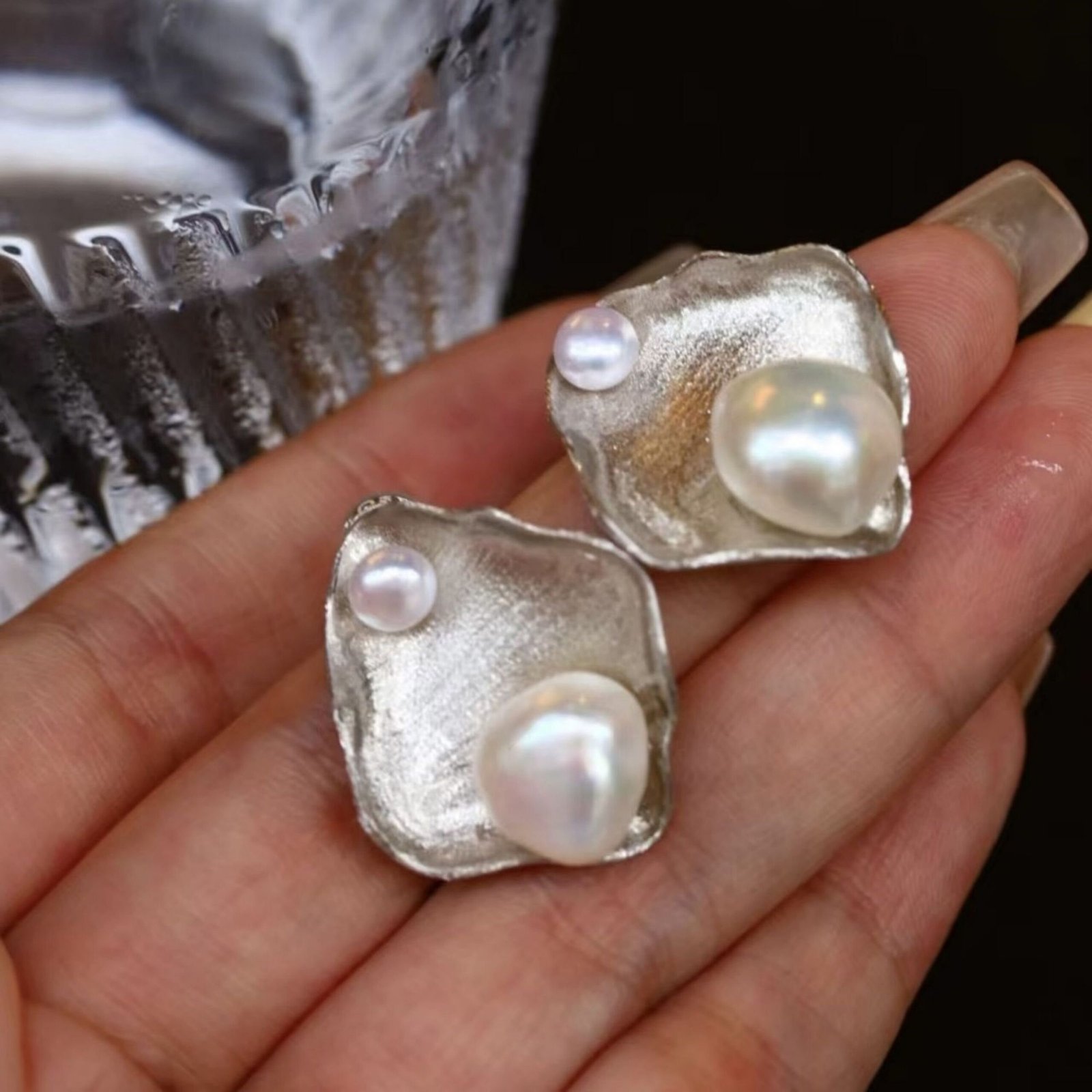 Unique Pearl Studs Earrings s925 Silver|Natural Pearl Earrings|Art deco Pearl Stud Women|Triangle Pearl Earrings|Handmade Pearl Stud Earring - Image 6