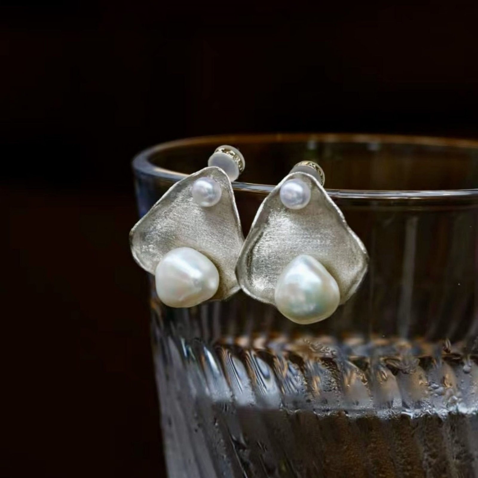 Unique Pearl Studs Earrings s925 Silver|Natural Pearl Earrings|Art deco Pearl Stud Women|Triangle Pearl Earrings|Handmade Pearl Stud Earring - Image 5