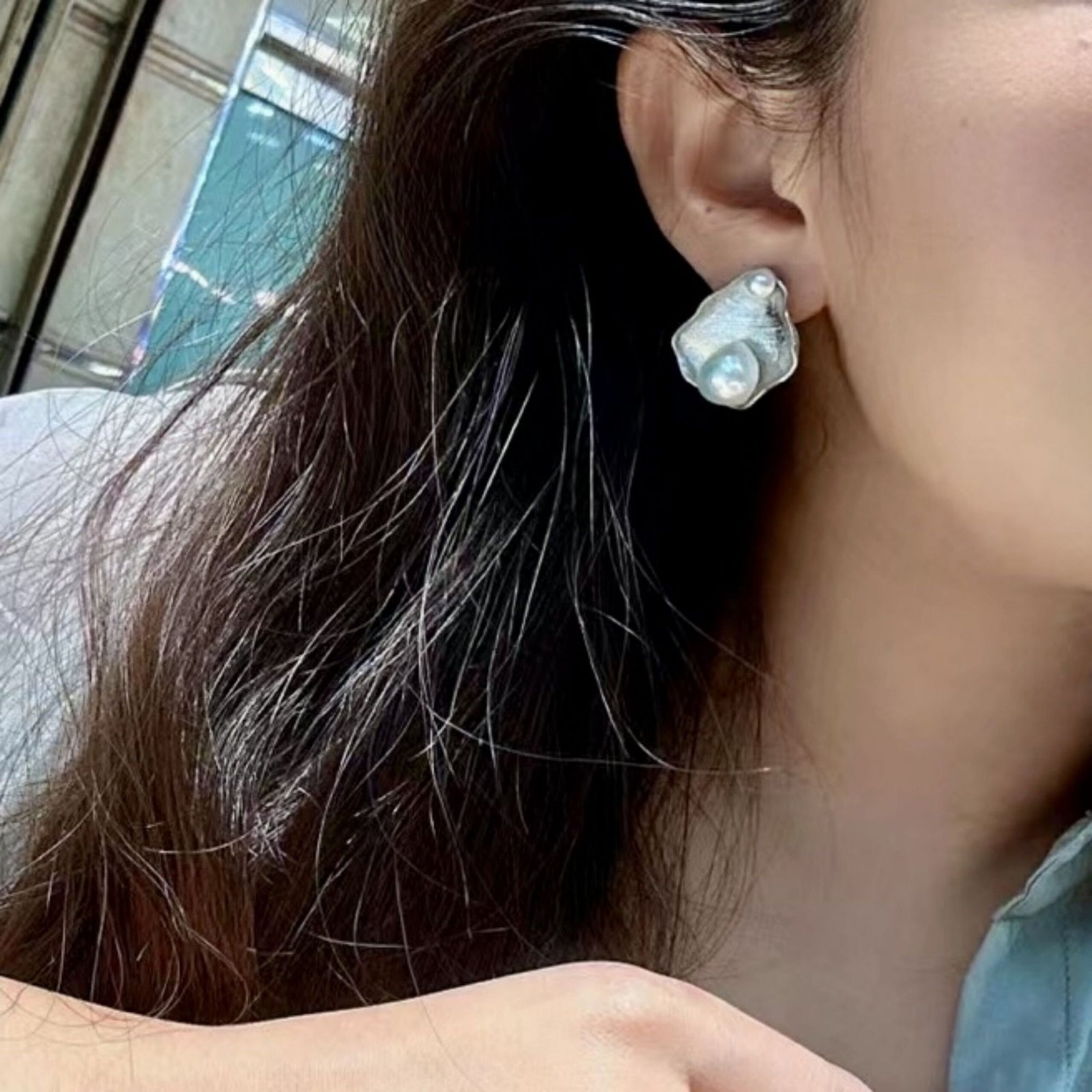 Unique Pearl Studs Earrings s925 Silver|Natural Pearl Earrings|Art deco Pearl Stud Women|Triangle Pearl Earrings|Handmade Pearl Stud Earring - Image 4